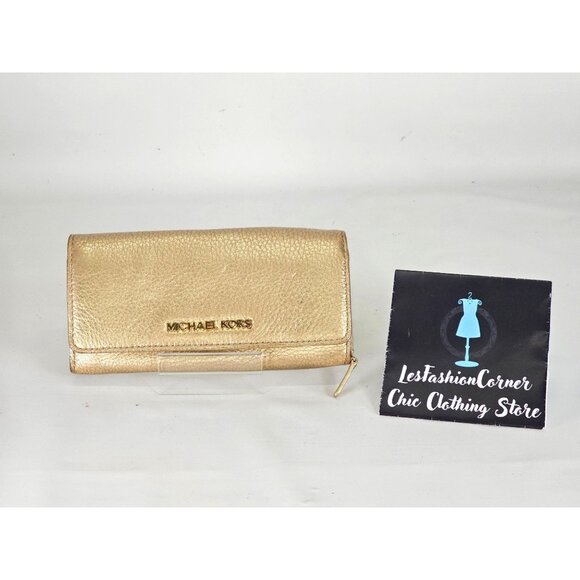 Michael Kors Women's Jet Set Metallic Gold Leather Travel Trifold Wallet 291 - Picture 1 of 12